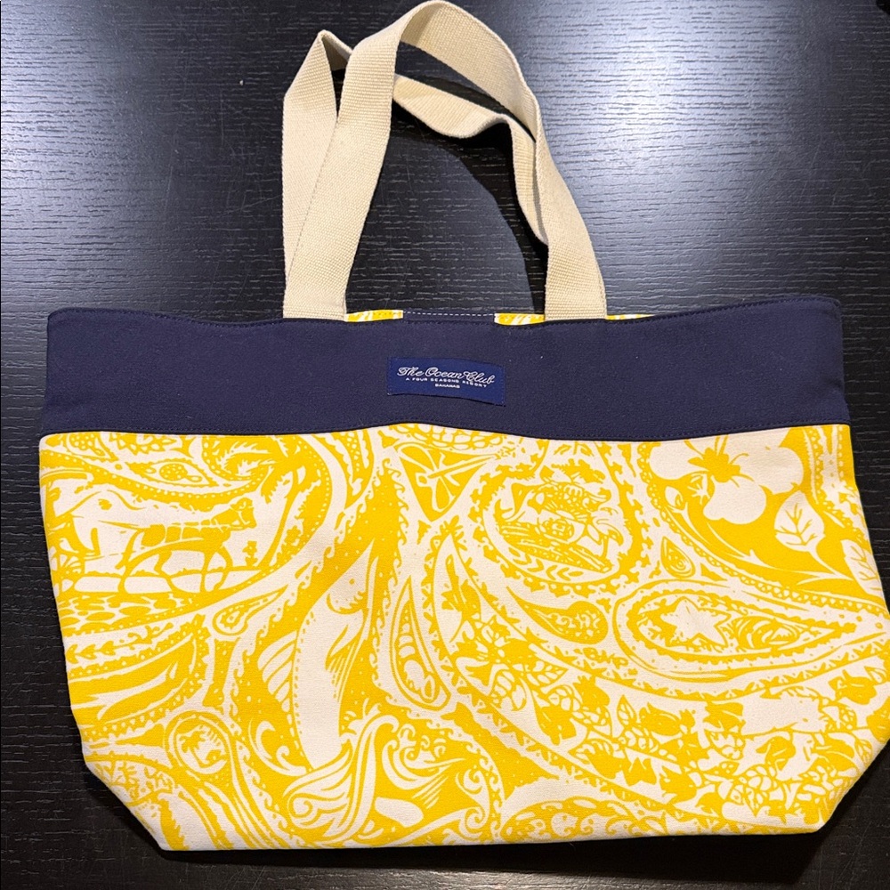 Yellow Paisley Tote Bag with Navy Trim